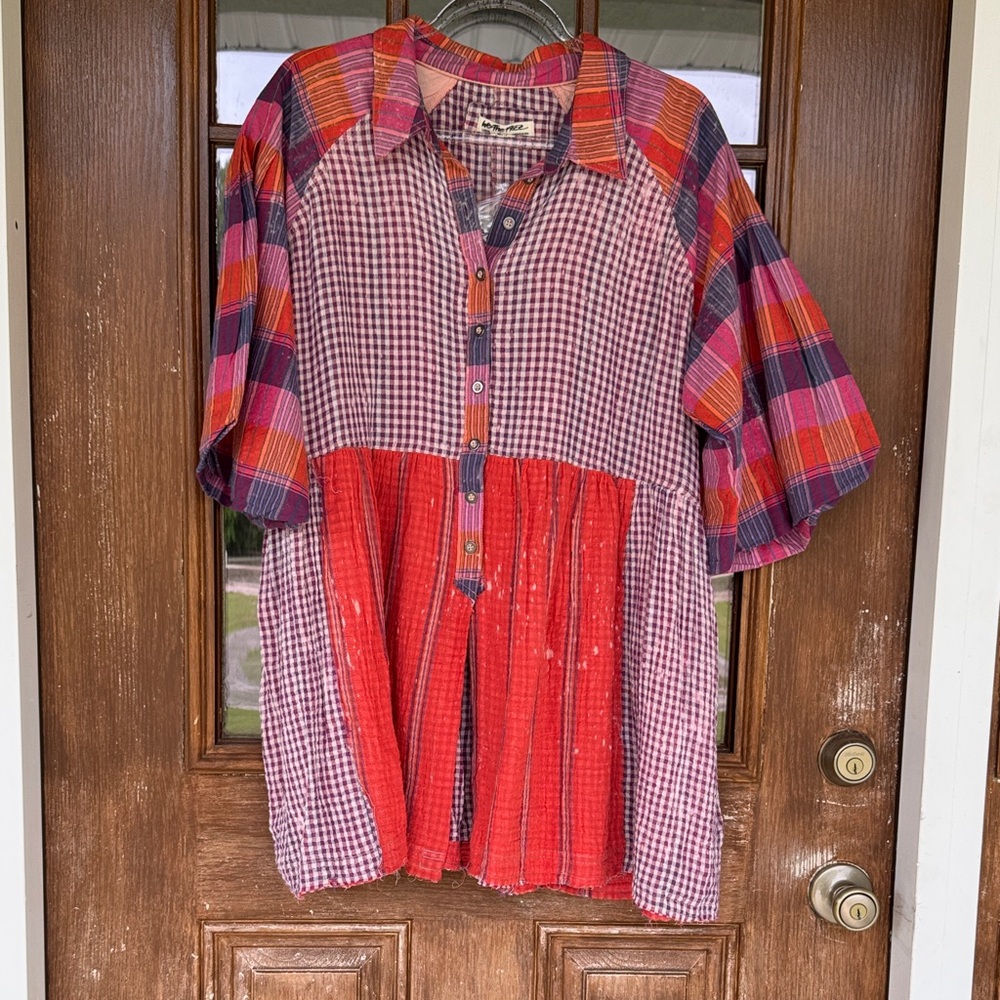 We The Free purple and cream plaid button-front top